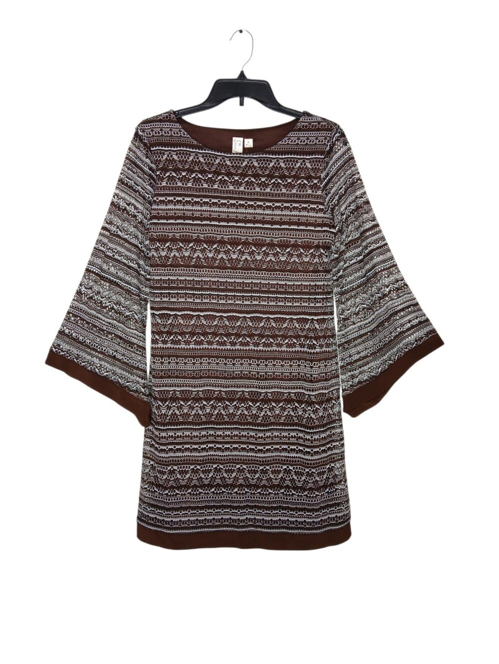 Emma & Michele Brown and Ivory Striped Geometric Long-Sleeve Shift Dress